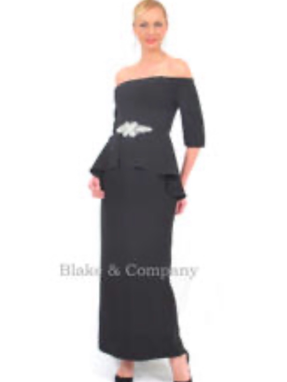 Navy Off-Shoulder Peplum Evening Gown with Embellished Waist
